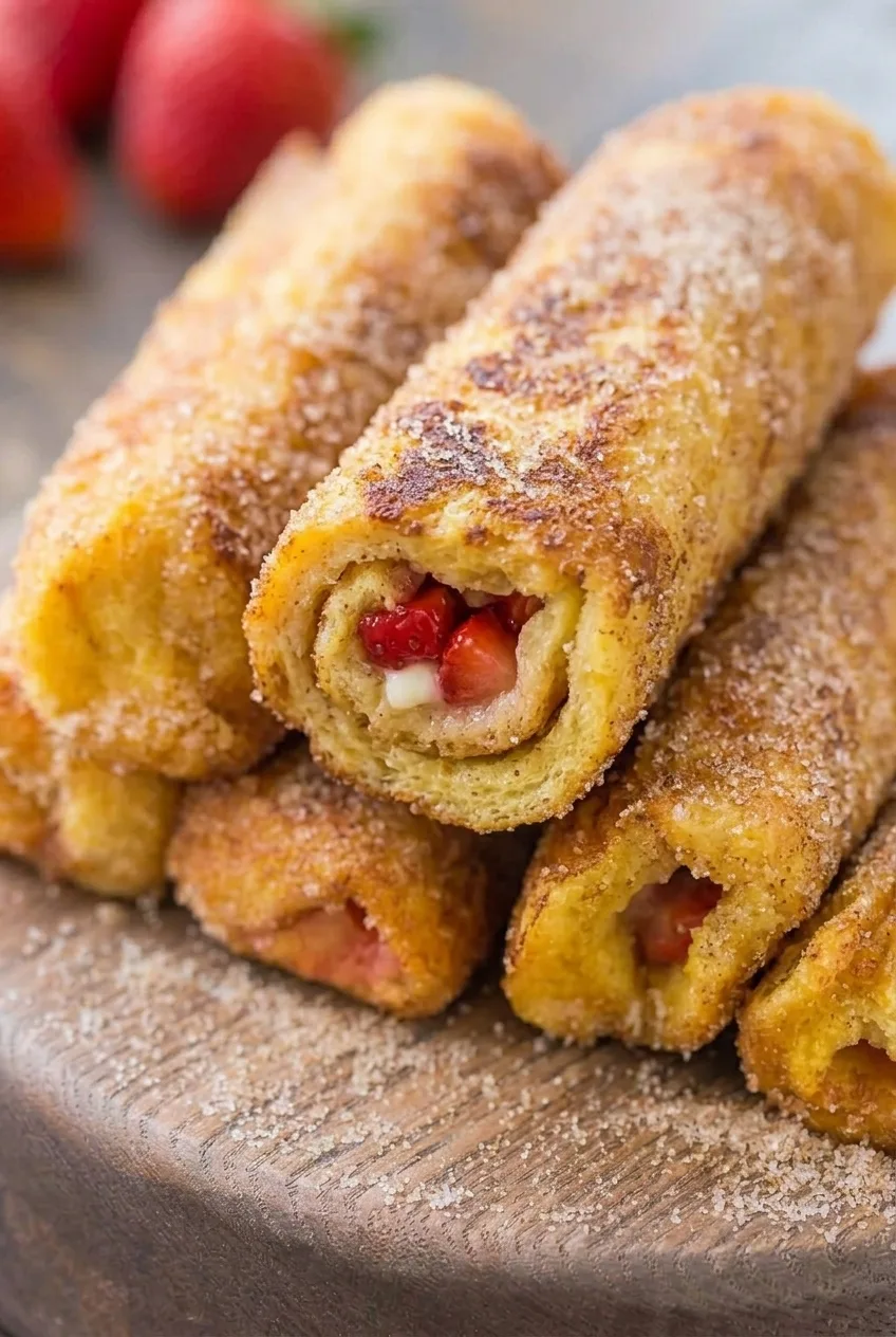 Close view of a French toast roll-up showing strawberry and cream cheese inside cinnamon-sugar-coated bread.