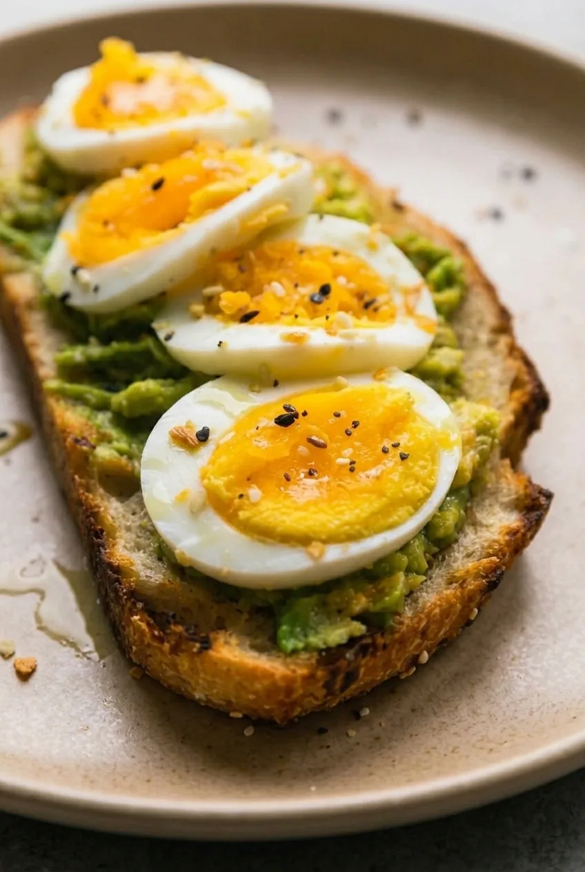 Close view of set golden egg yolks, chunky avocado, and the browned edge of sourdough toast