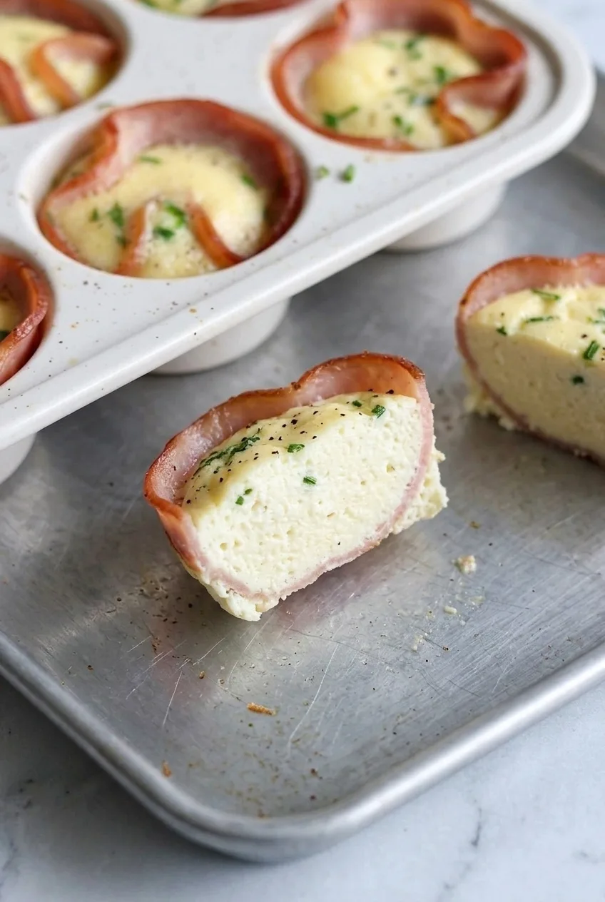 Close view of a cut cottage cheese egg bite showing its soft center and folded Canadian bacon liner