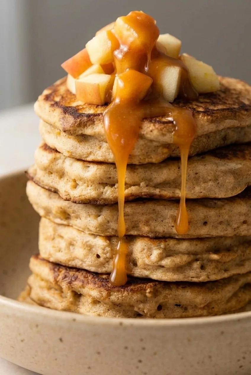 Close view of thick apple oatmeal pancake edges, diced apple topping, and amber sauce