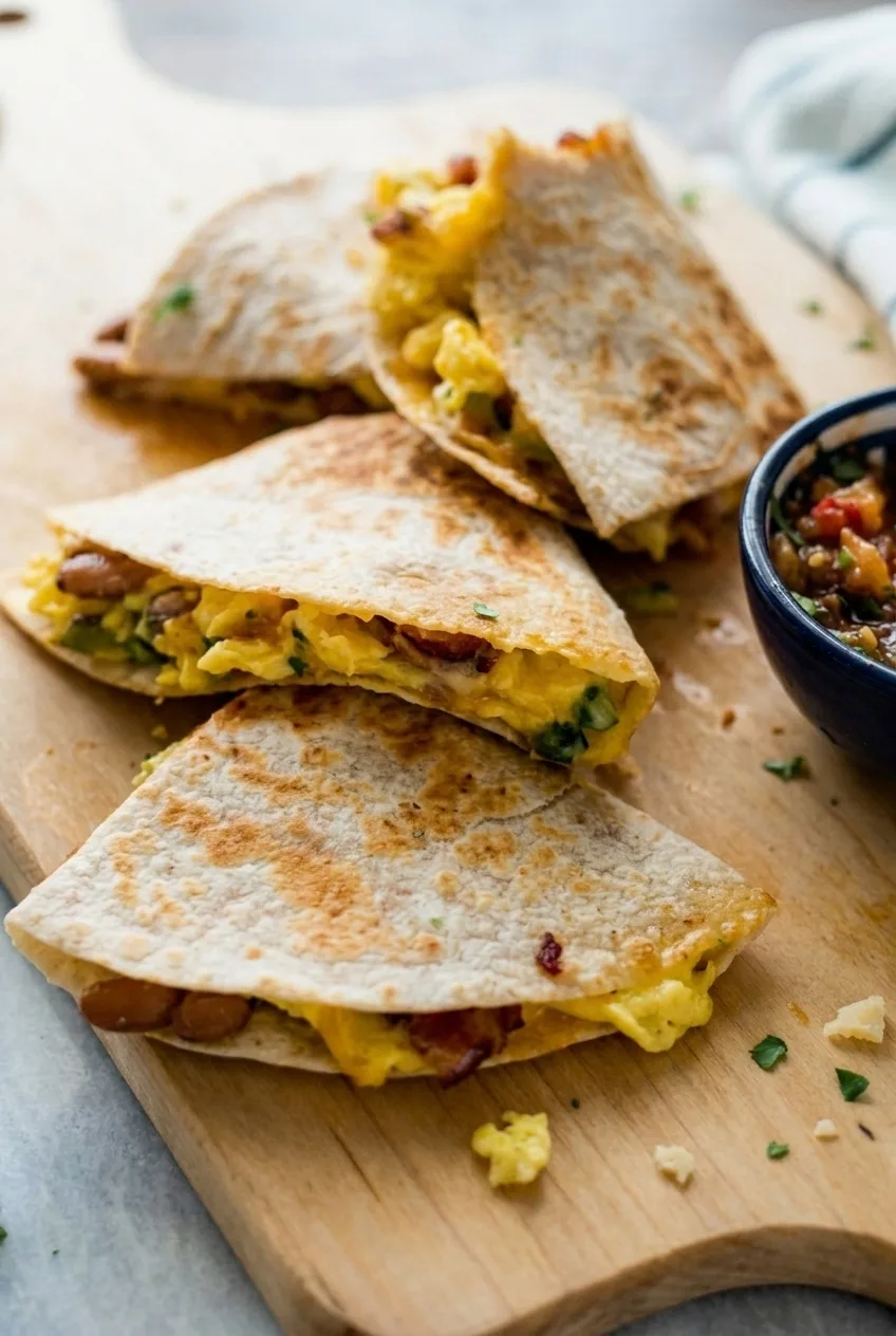 Close view of a golden quesadilla wedge showing soft eggs, bacon pieces and melted cheese at the cut edge