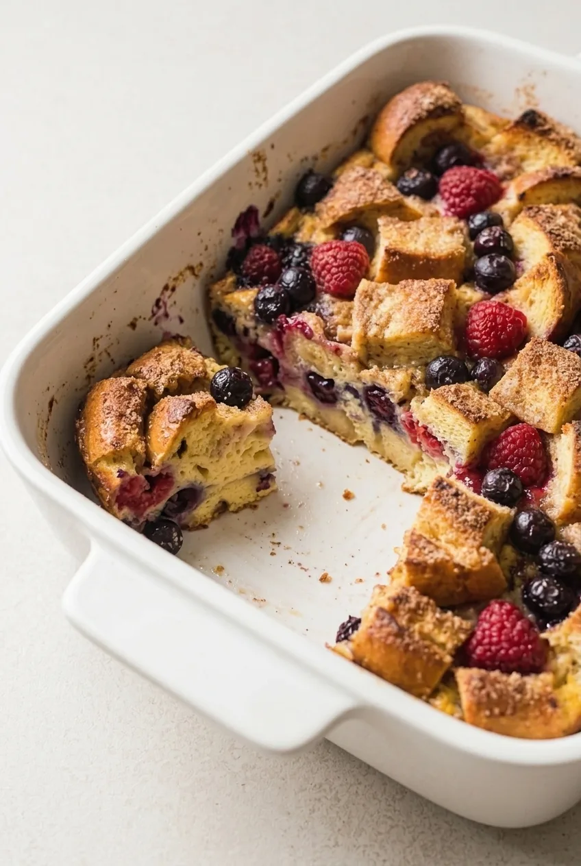 Close view of a berry French toast casserole portion showing custardy bread and berries inside