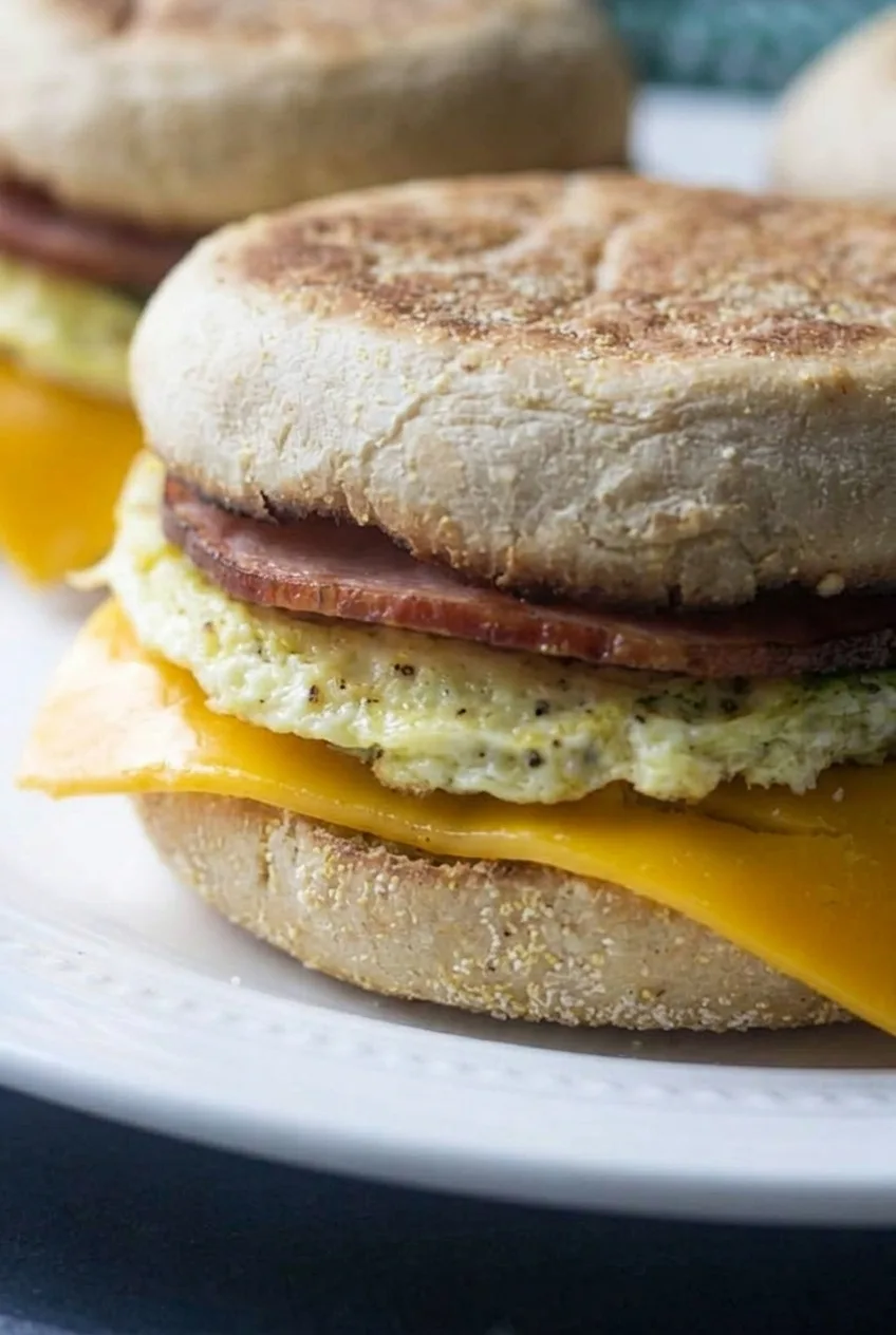 Close view of toasted English muffin, baked egg, Canadian bacon, and overhanging cheddar layers
