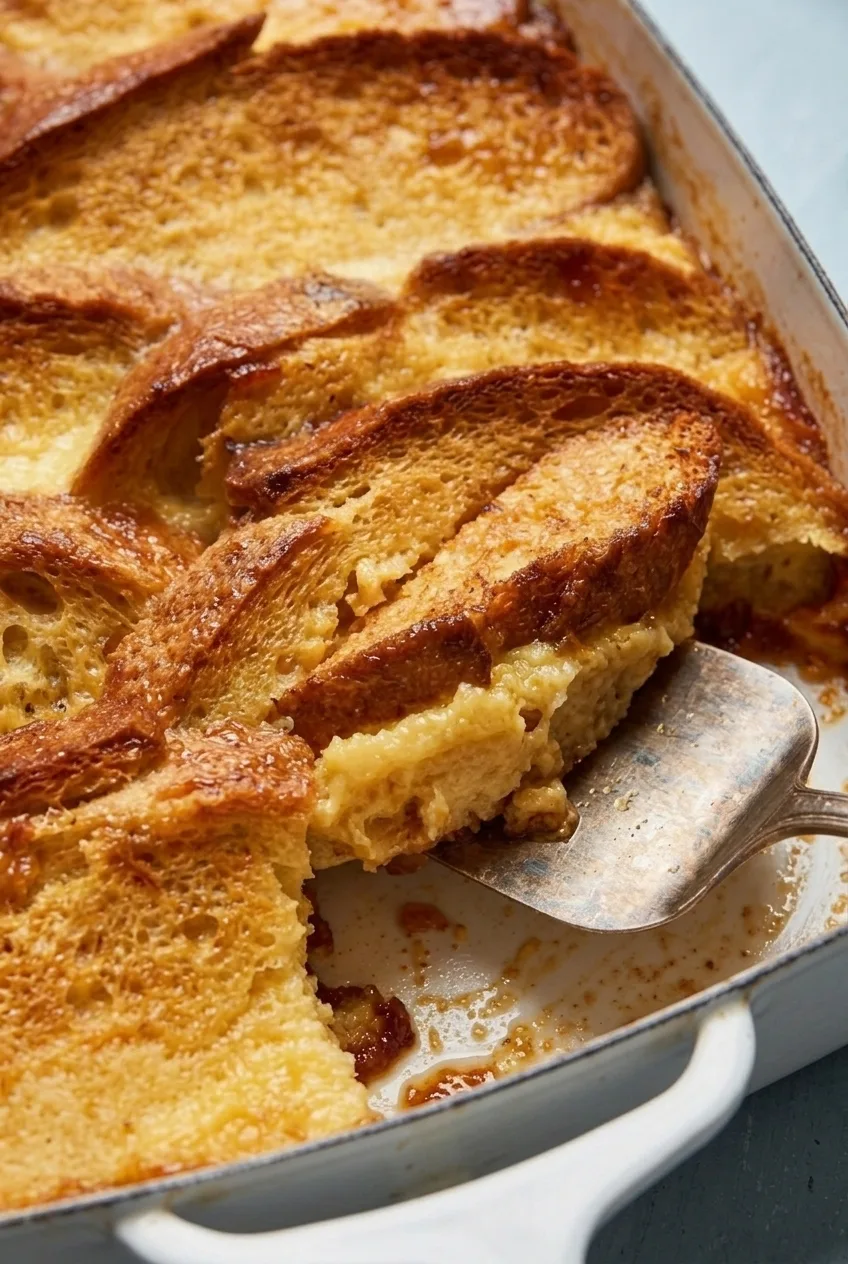Close view of a lifted French toast slice showing its soft custardy interior and caramel-coated edge