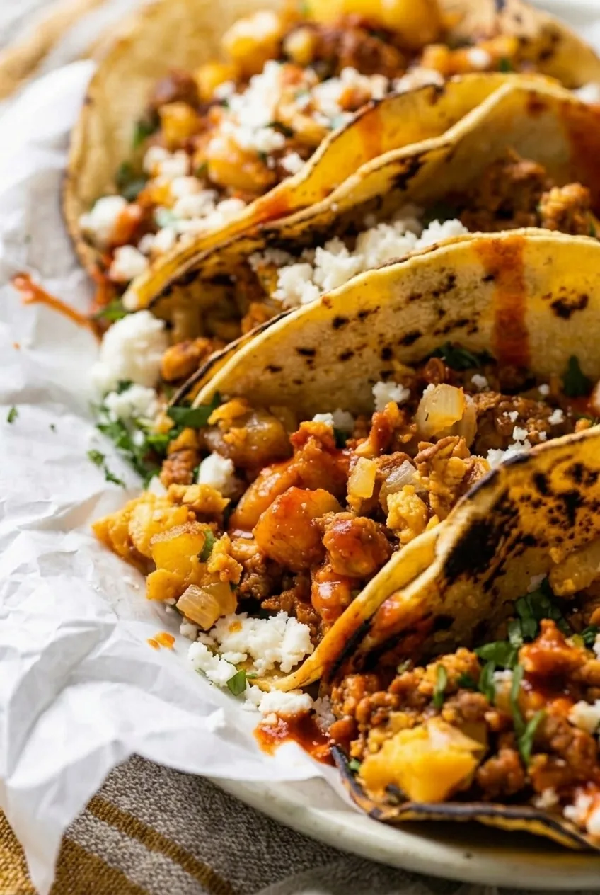 Close view of egg curds, golden potato cubes, and chorizo inside a lightly charred breakfast taco