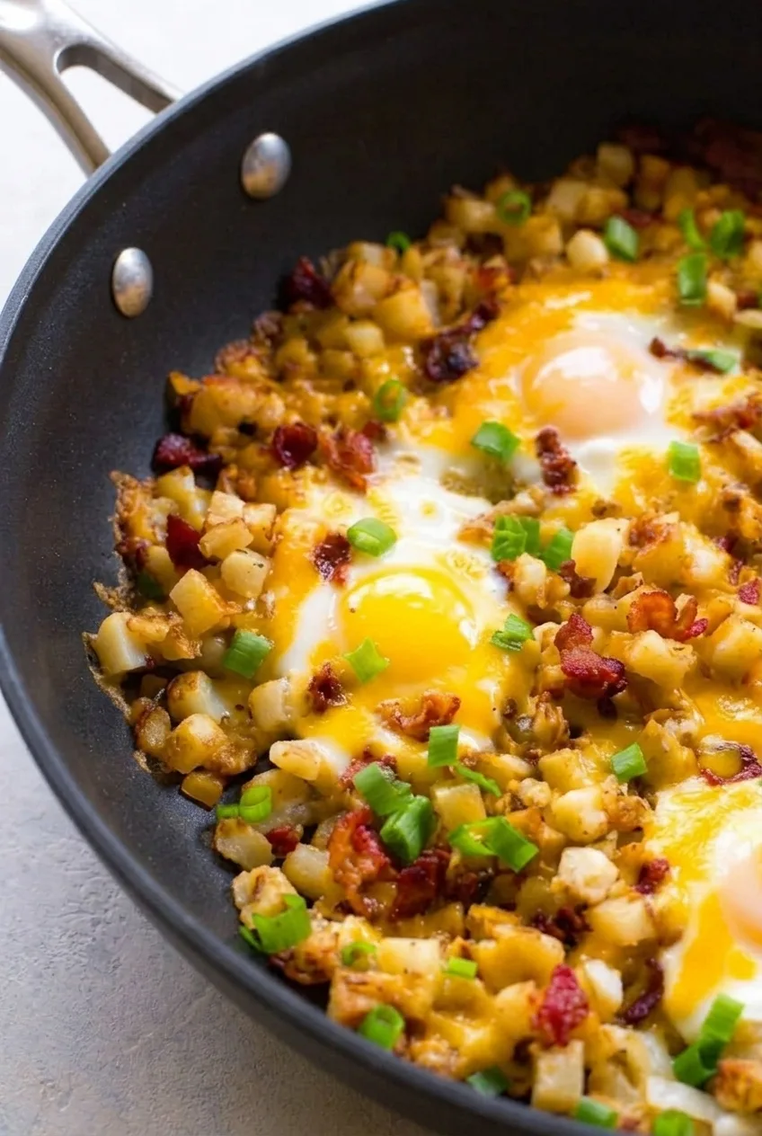 Close view of a soft-yolk egg among browned potato cubes, melted cheddar, bacon and green onions