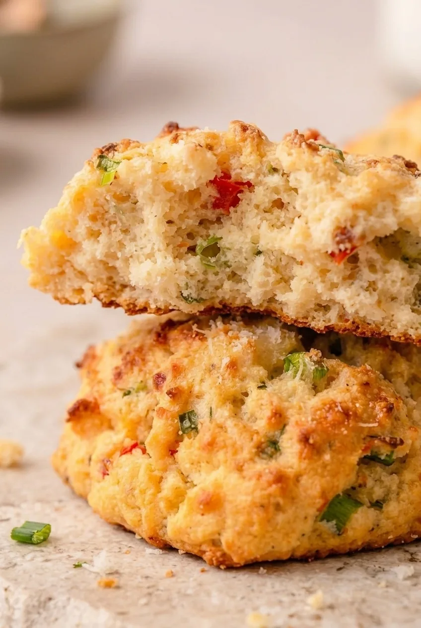 Close view of a split cottage cheese biscuit showing its tender crumb, red pepper, scallions, and bacon