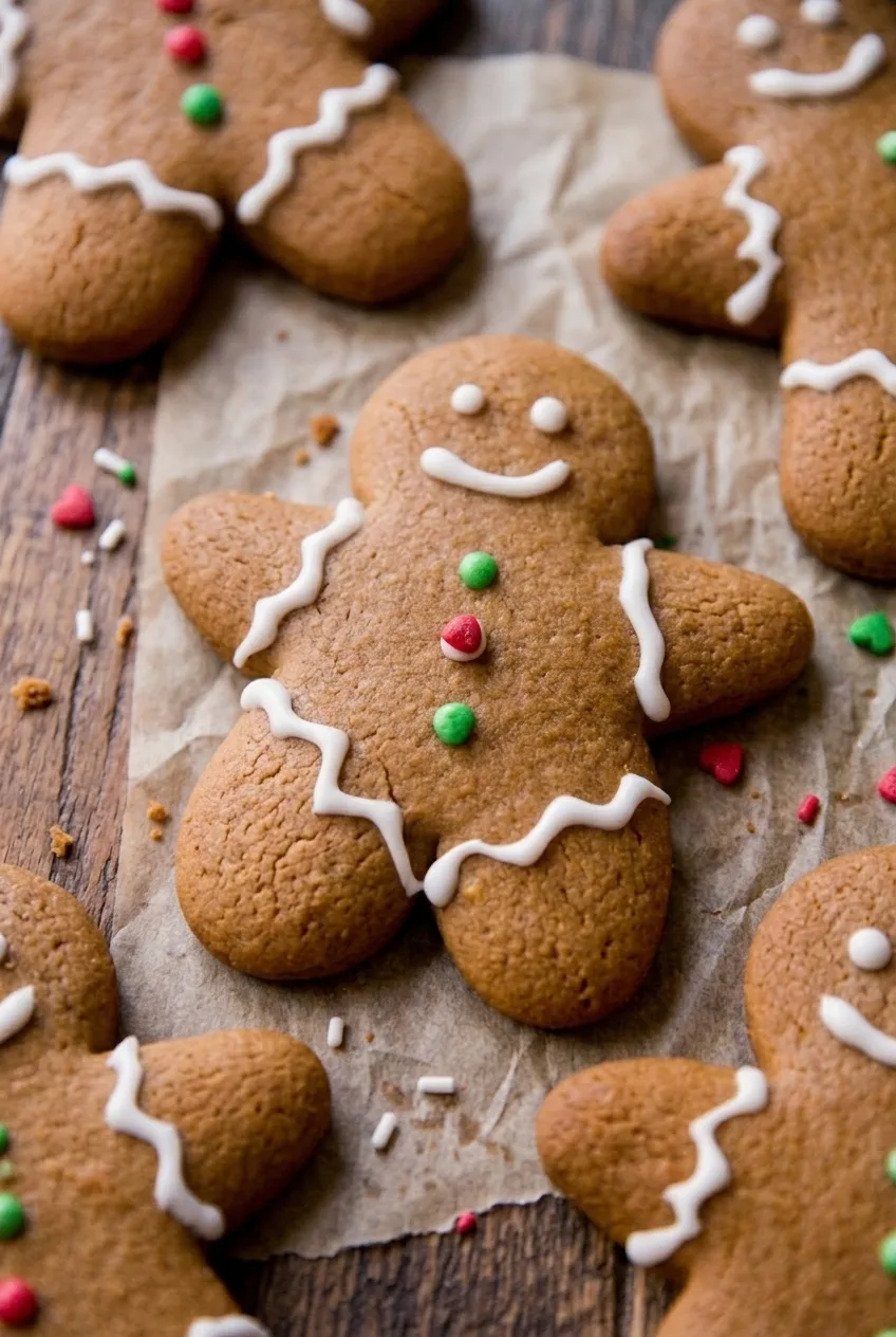 Close detail of a gingerbread man cookie with a white icing smile, wavy lines, and sprinkle buttons