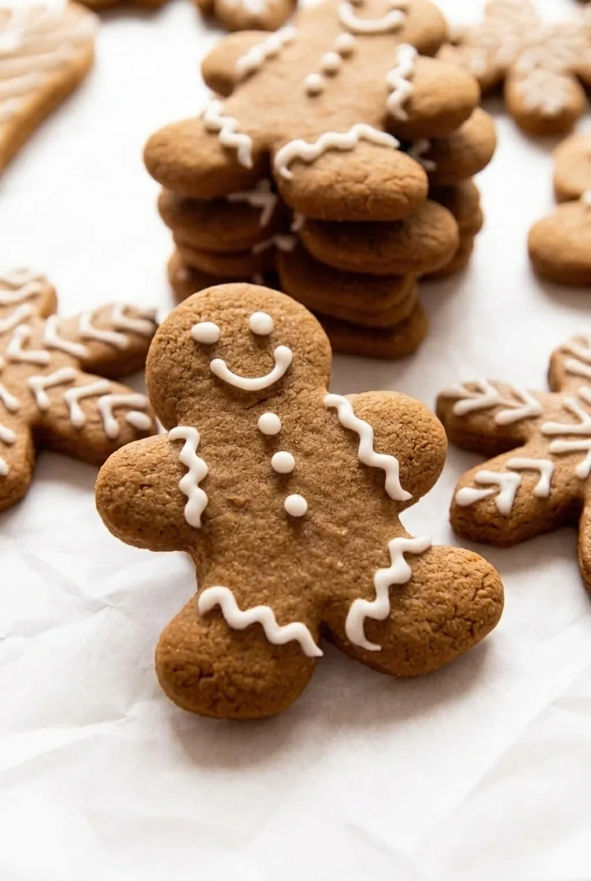 Close view of a gingerbread person's thick edge, matte surface, and raised white icing