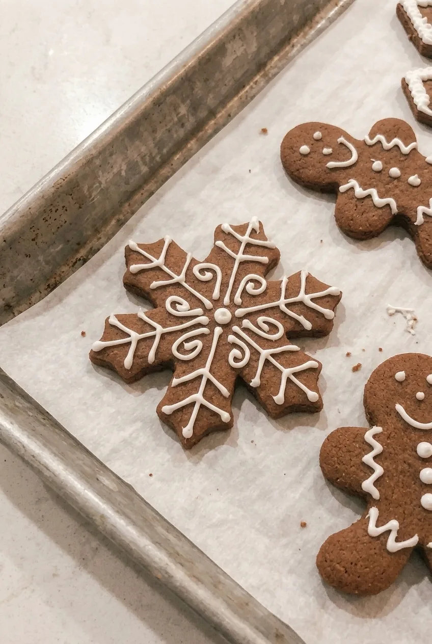 Close view of sharp snowflake points and raised white icing on matte gingerbread cookies