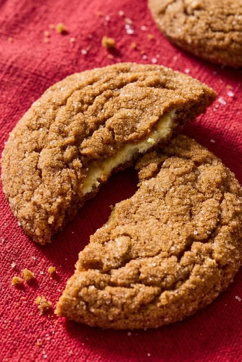 Close view of a broken gingerbread cheesecake cookie showing its pale cream cheese filling and sugar-crusted surface.