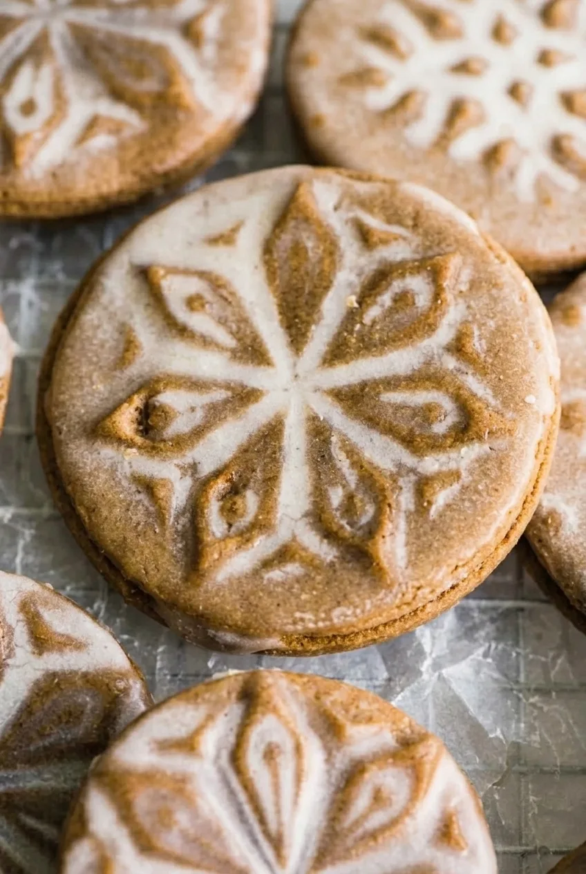 Close view of a stamped gingerbread cookie showing its brown ridges and thin pale maple glaze