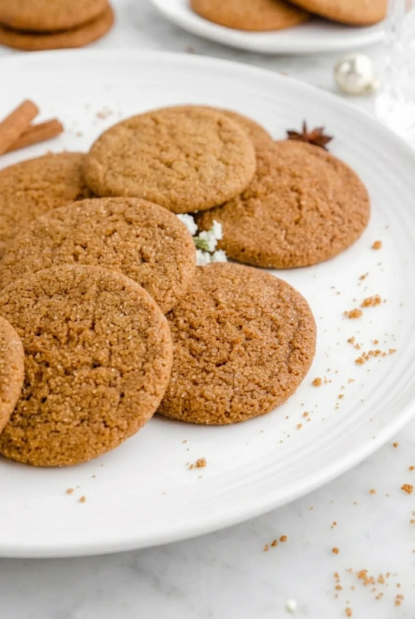 Close view of an amber gingersnap cookie's lightly cracked, pebbled surface and fine sugar coating.