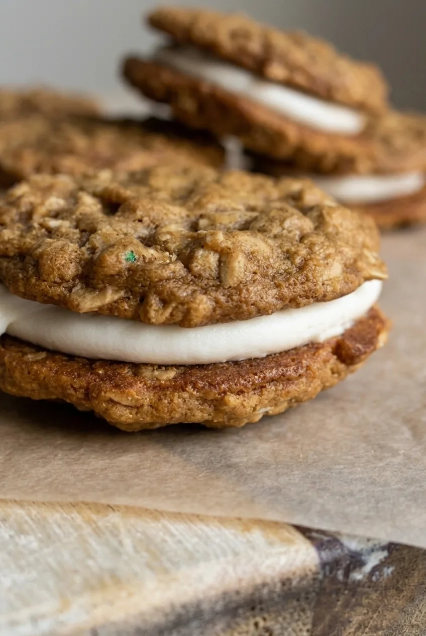 Close-up of a gingerbread oatmeal cream pie showing its chewy oat texture and thick white filling