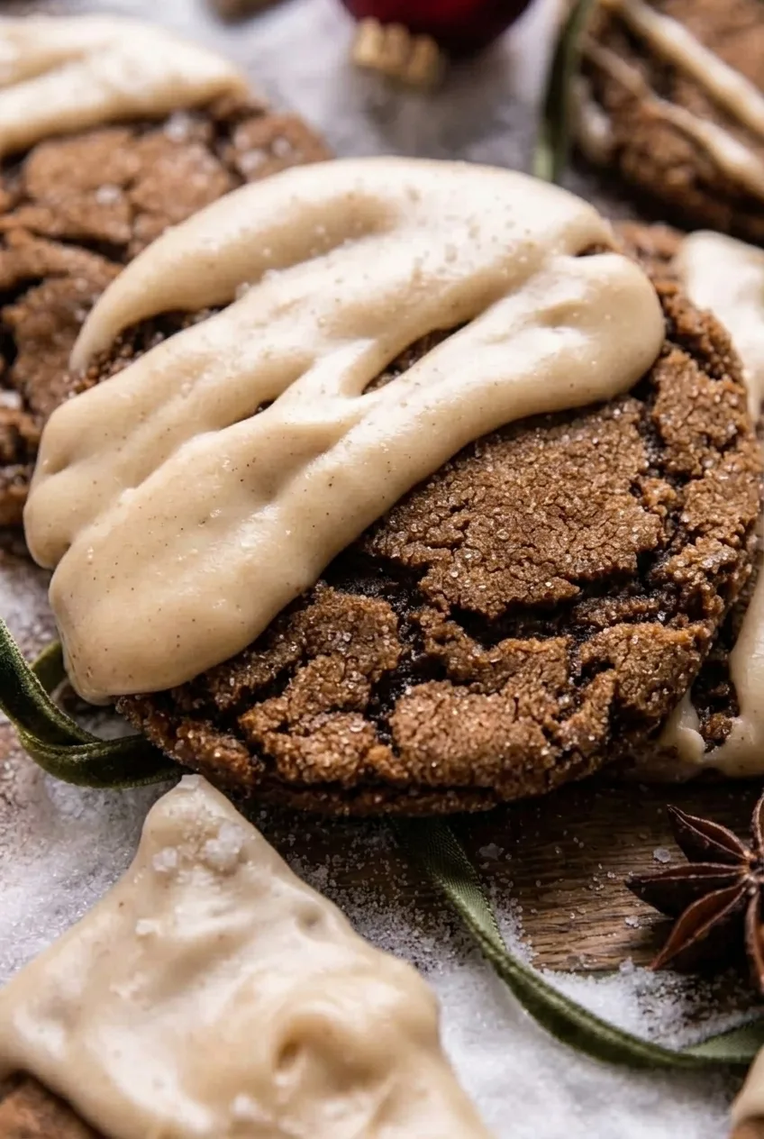 Close view of a crackle-top gingerbread latte cookie with sparkling sugar and thick brown-butter icing.