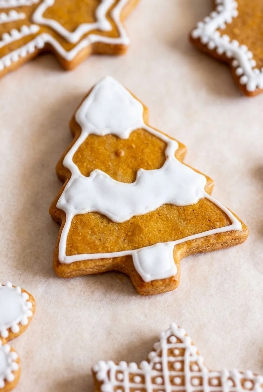 Close detail of a golden gingerbread tree cookie with smooth white icing and a defined baked edge