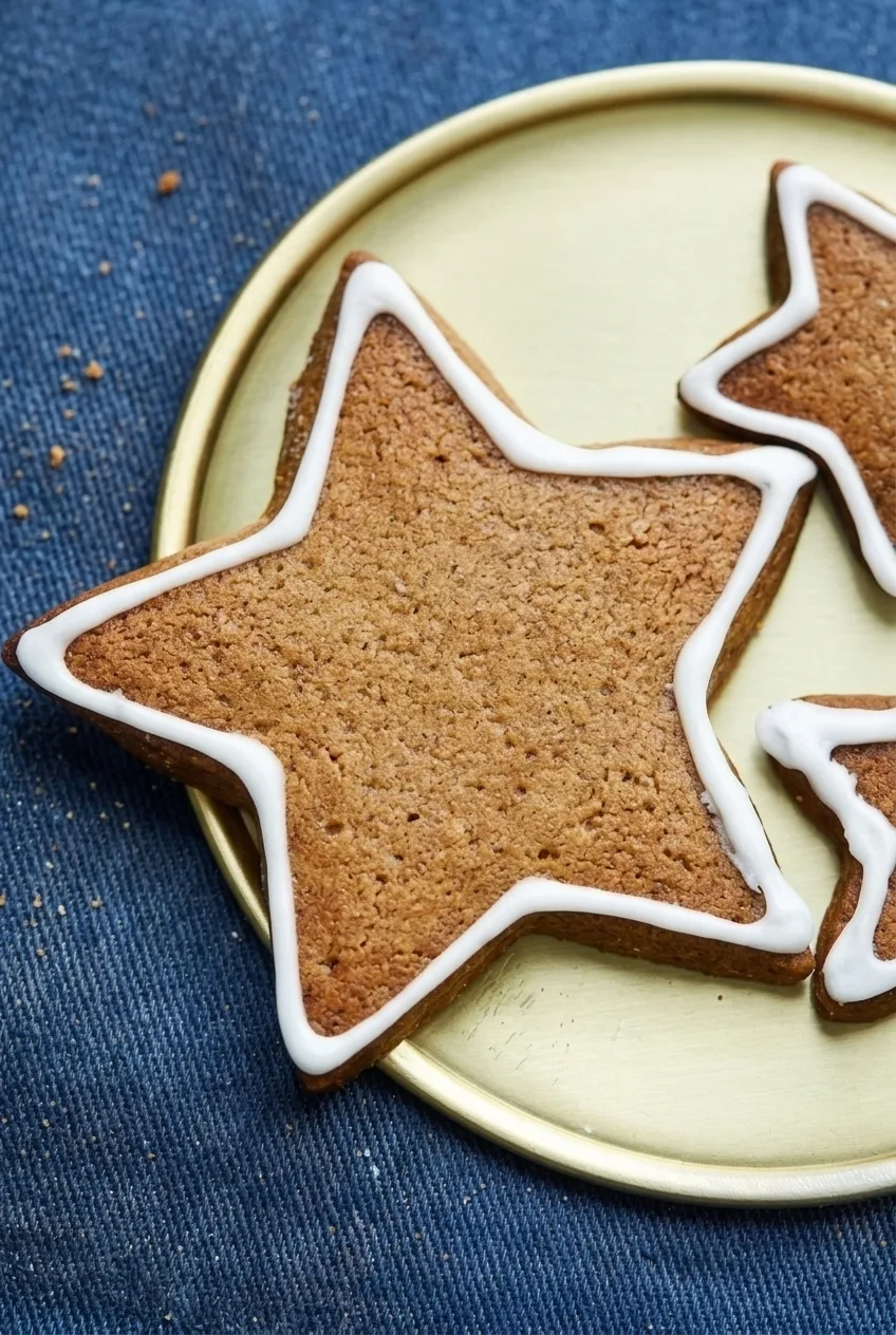 Close view of a gingerbread star cookie showing its matte, spiced surface and raised white icing outline
