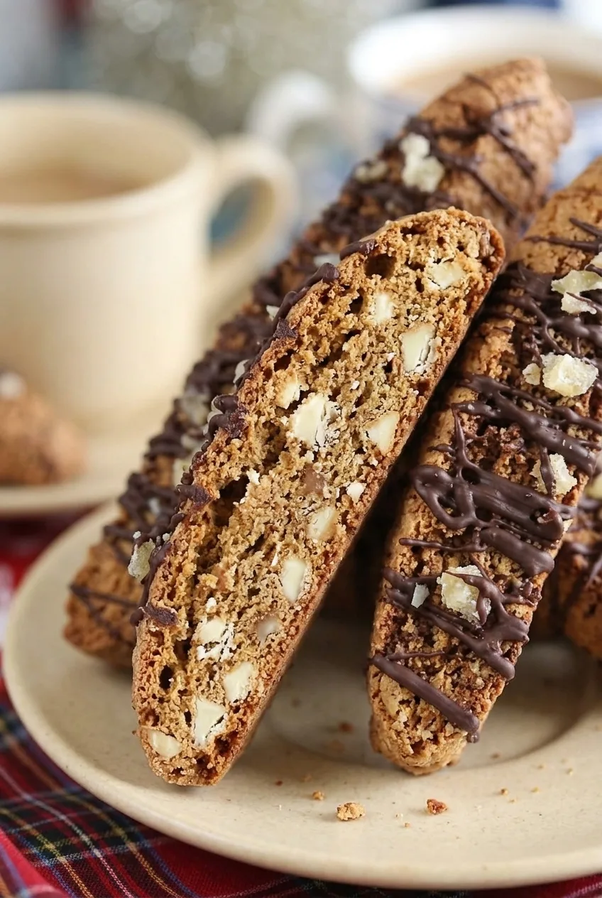 Close-up of crisp gingerbread biscotti showing pale chocolate chunks, spiced crumb, and dark chocolate drizzle