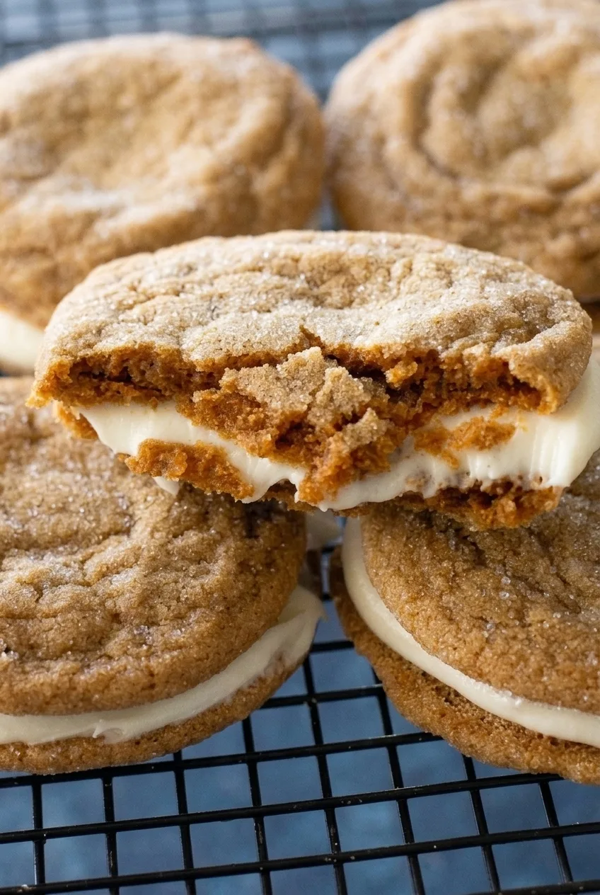 Close detail of a broken gingerbread sandwich cookie showing its tender crumb and thick cream cheese filling.