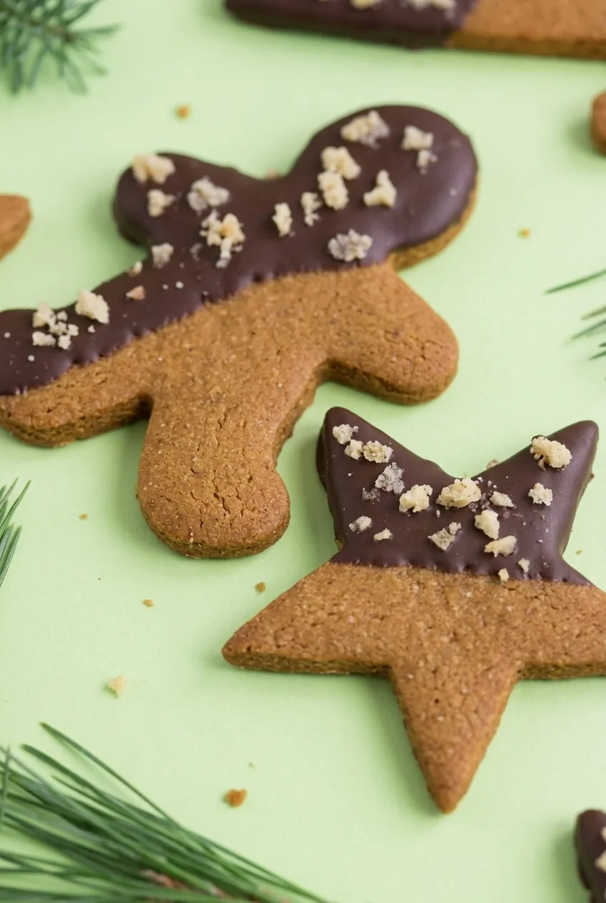 Close view of a gingerbread cookie’s textured surface, dark chocolate dip, and pale sprinkles