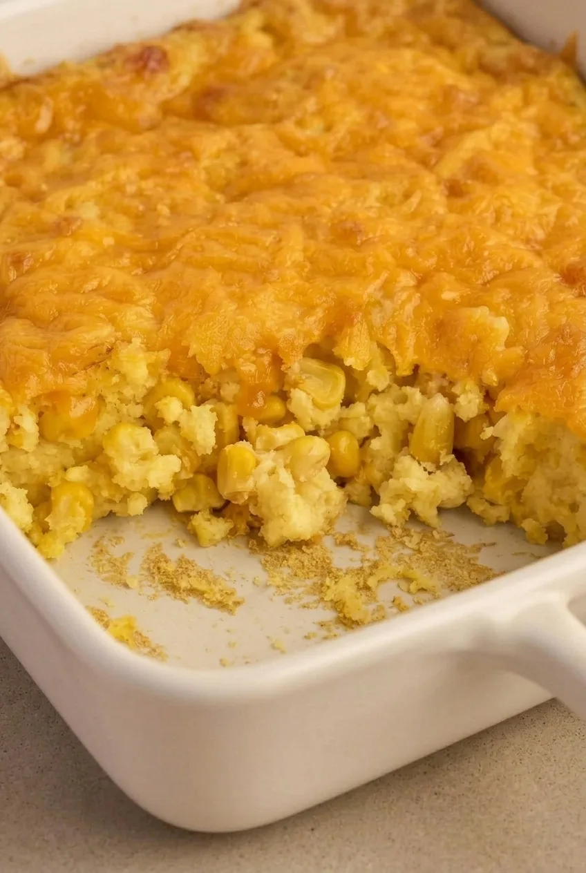 Close detail of the soft Jiffy corn casserole interior, whole corn kernels, and melted cheddar topping