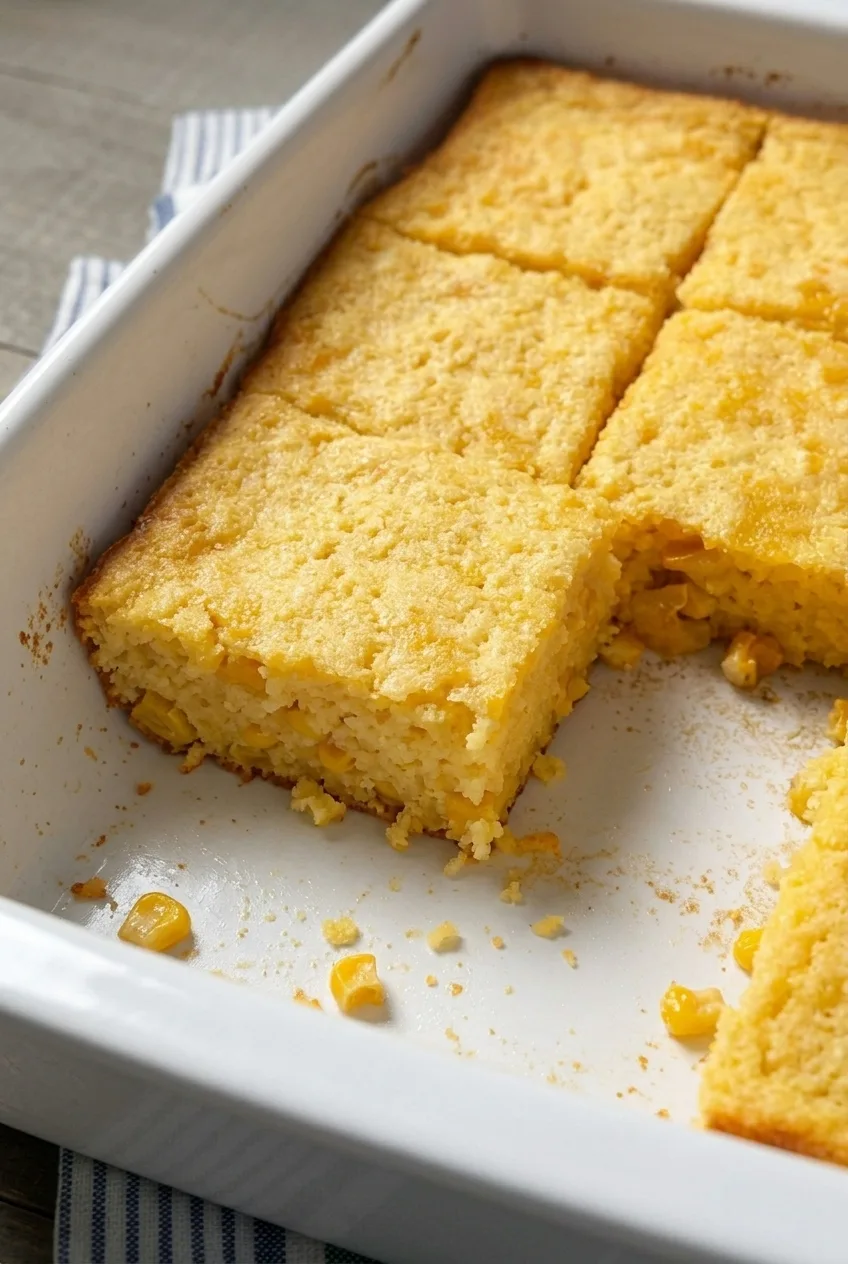 Close view of a Southern corn pudding square showing its moist crumb and visible corn kernels.