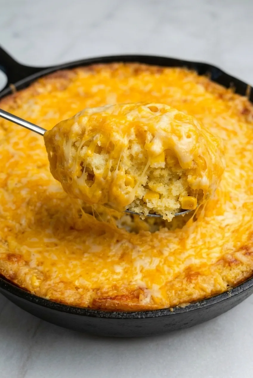 Close detail of melted cheddar, whole corn kernels, and the soft corn-bread-like interior of cheesy corn casserole.