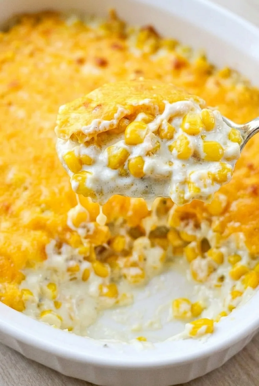 Close view of whole corn kernels coated in cream cheese sauce beneath melted cheddar in the casserole