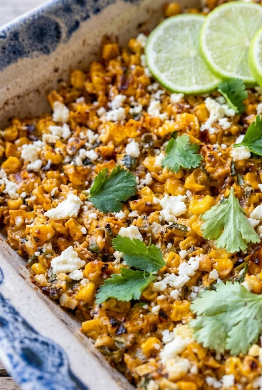 Close detail of creamy charred corn kernels with crumbly cotija and fresh cilantro