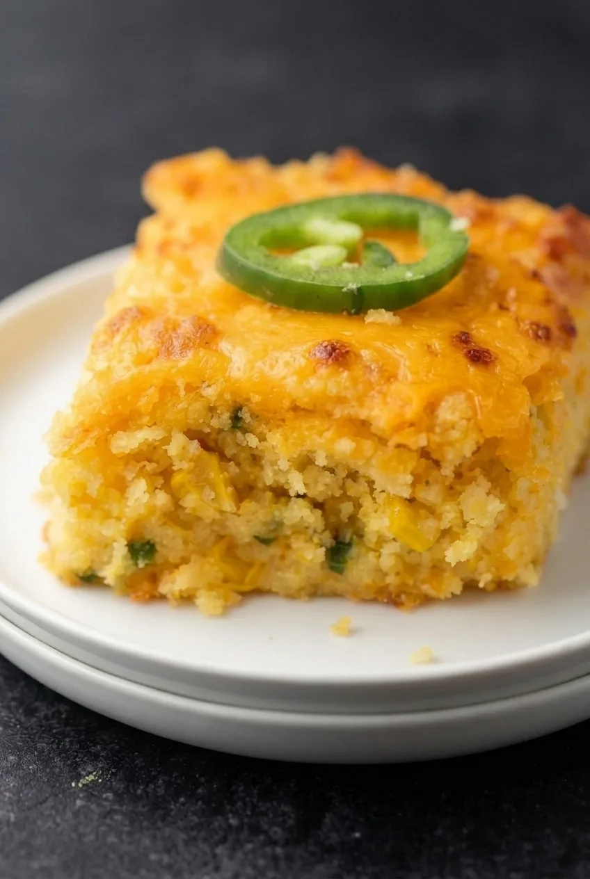 Close view of the casserole’s coarse, corn-studded crumb, green jalapeño pieces, and melted cheddar topping