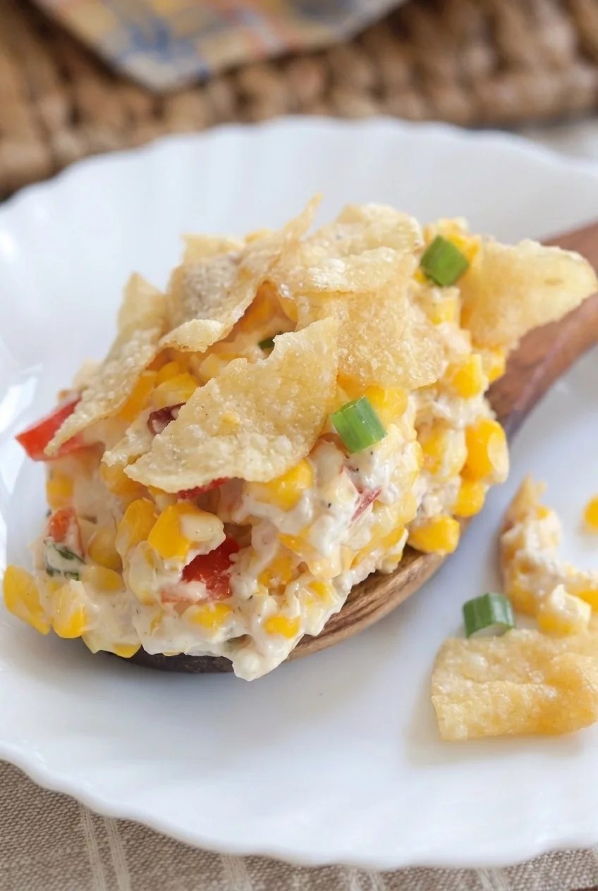 Close view of creamy bacon and cheese corn casserole showing whole kernels, bacon pieces, and crisp golden shards.