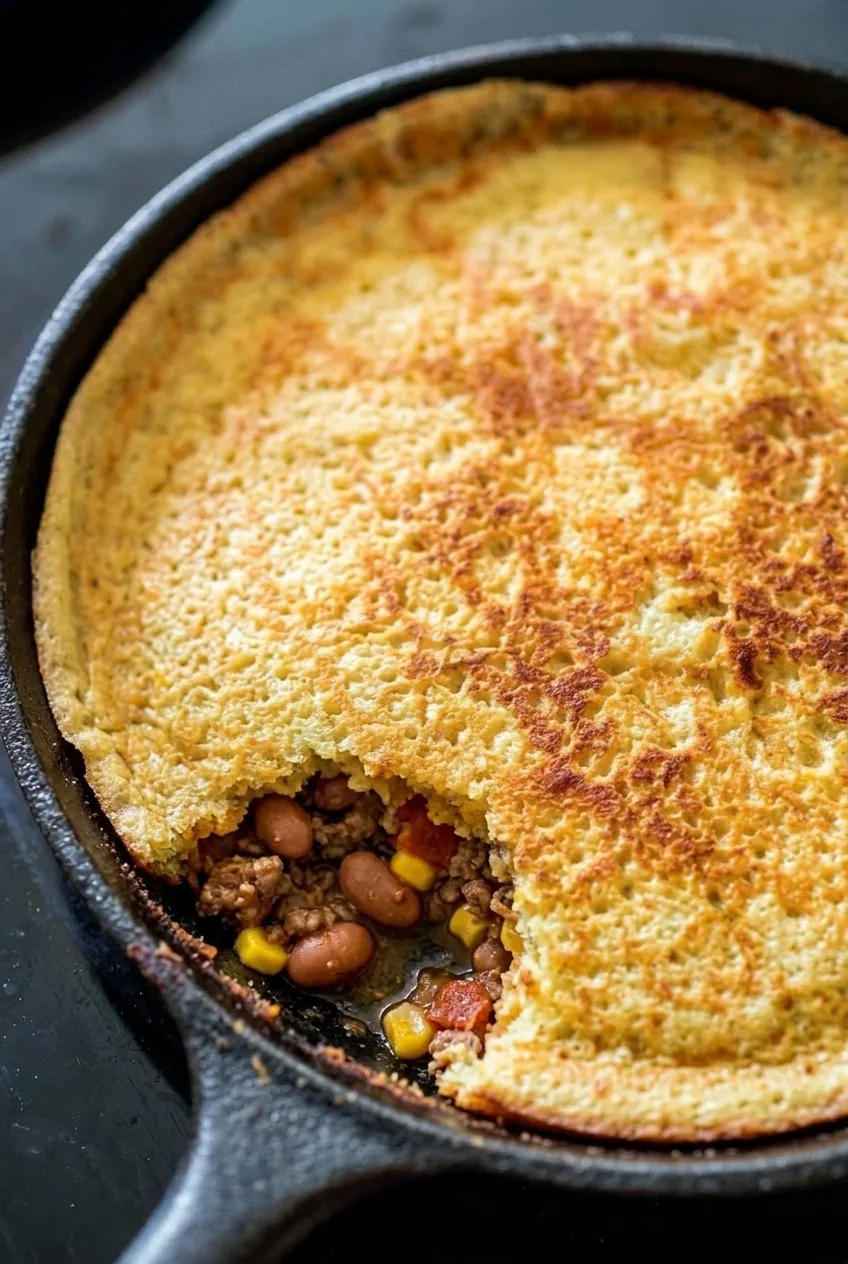 Close view of craggy cornbread topping and a small scoop showing the beef, bean, and corn filling