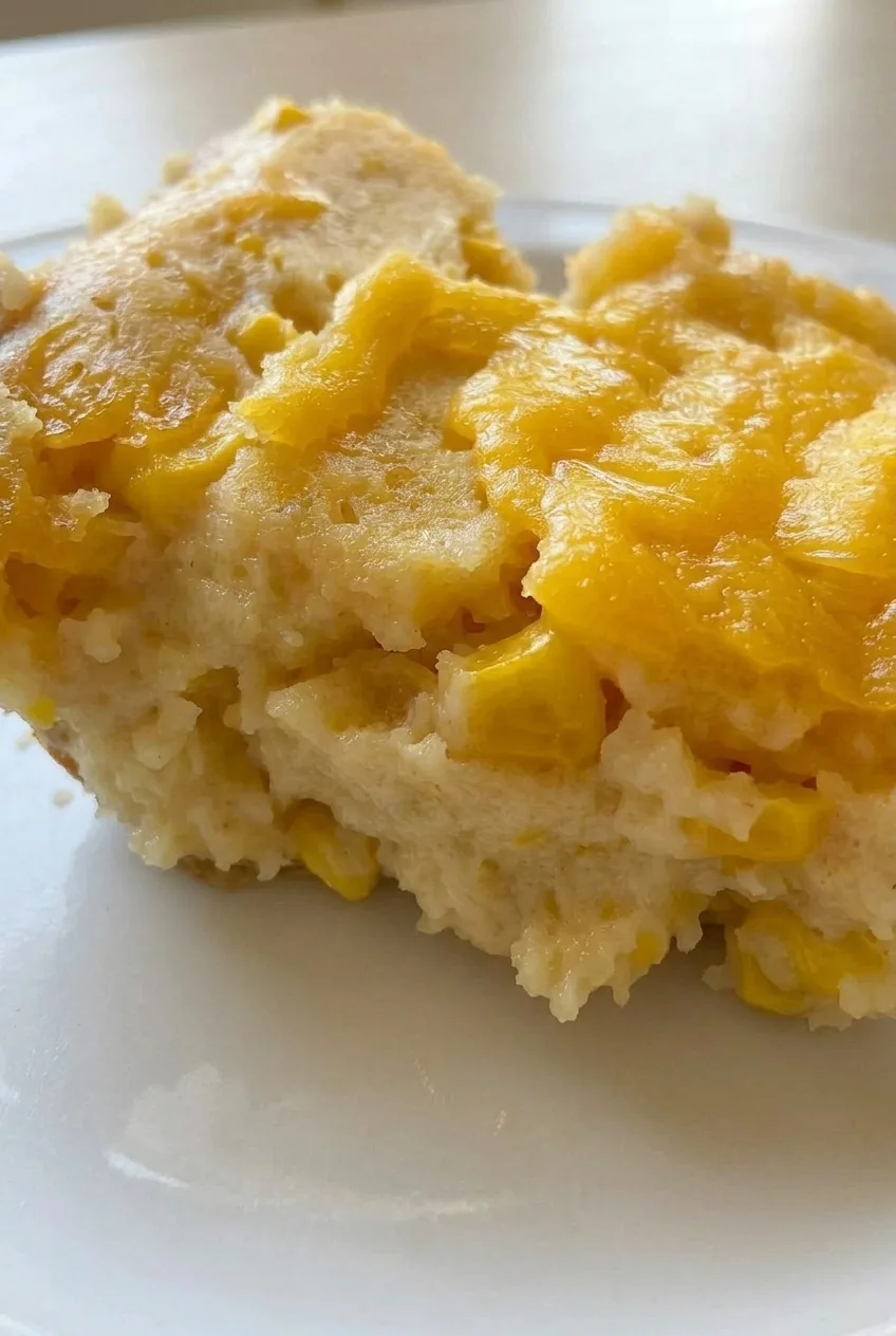 Close detail of melted cheddar over the moist corn-kernel interior of slow cooker corn casserole