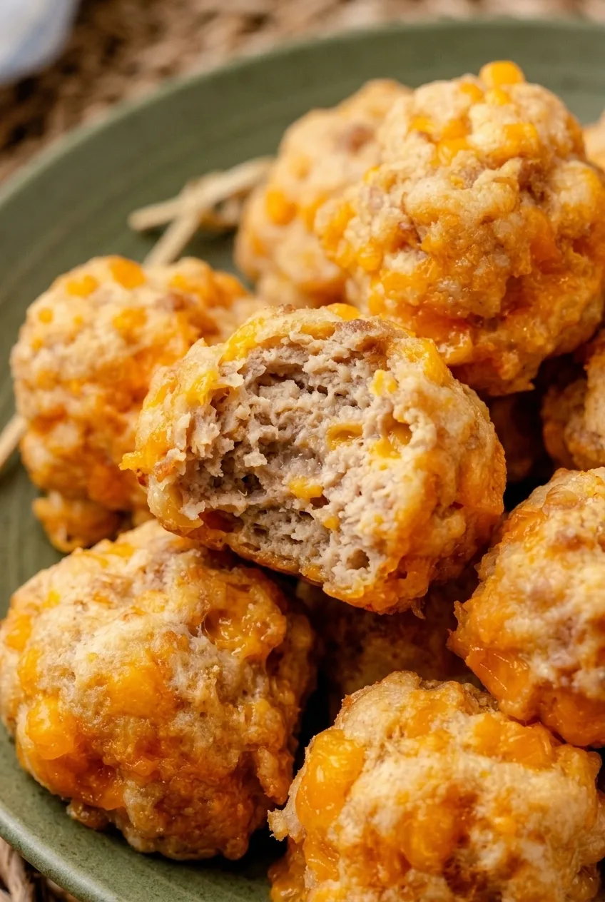 Close detail of golden Bisquick sausage balls showing craggy surfaces and melted cheddar pockets.