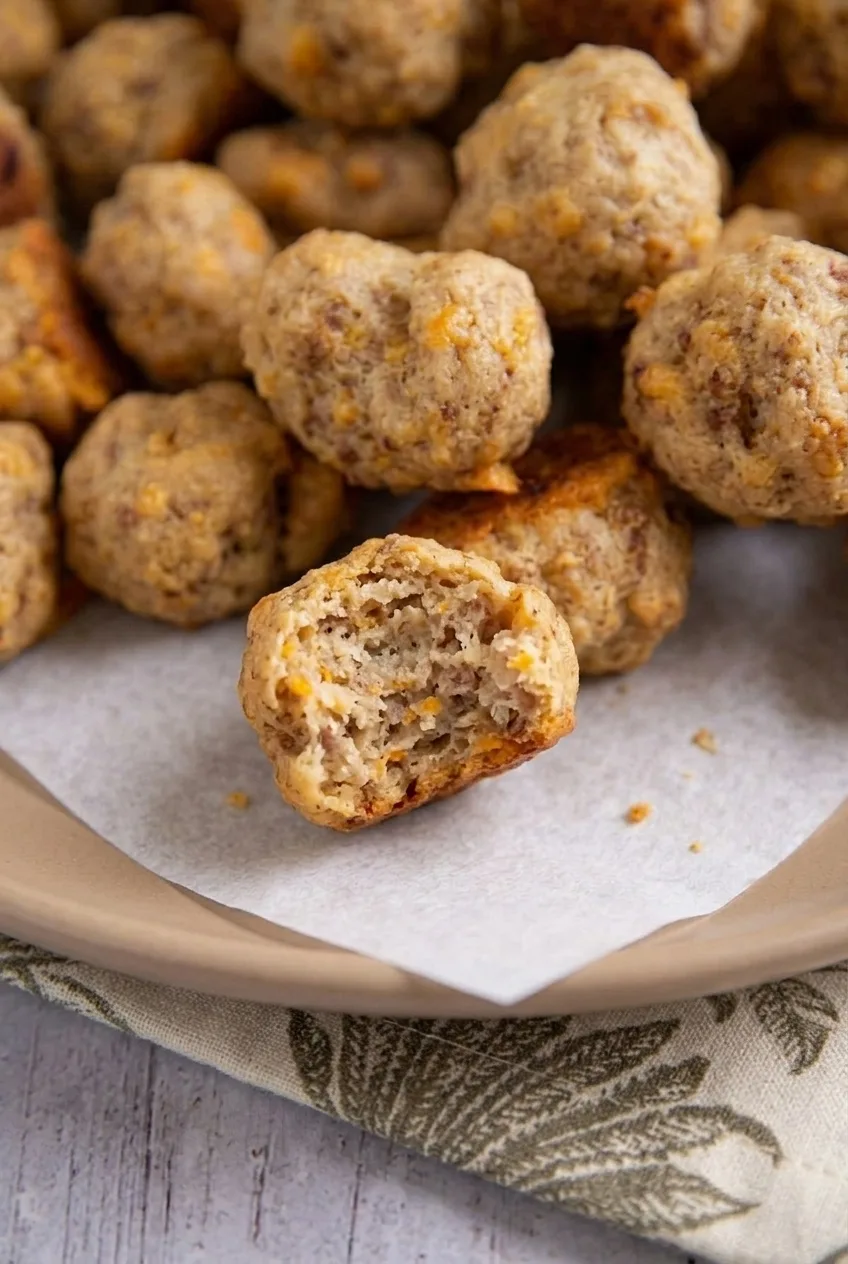 Close-up of a broken cream cheese sausage ball showing its tender center and cheddar flecks