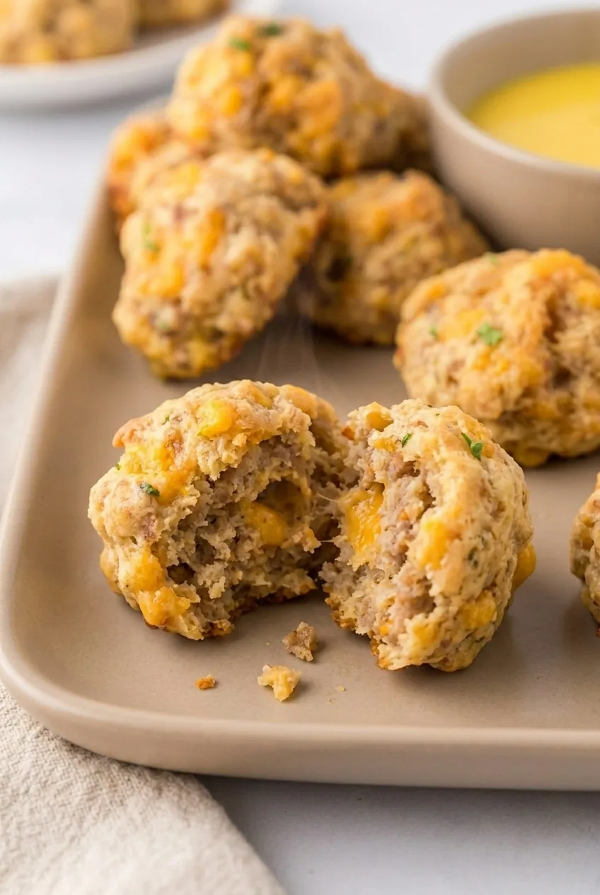 Broken-open Cheddar Bay sausage ball showing its moist sausage and cheddar interior