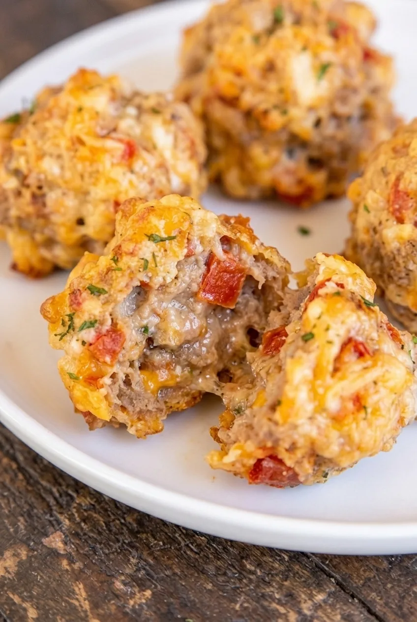 Close-up of a split Rotel cream cheese sausage ball showing its moist, cheesy interior and tomato pieces