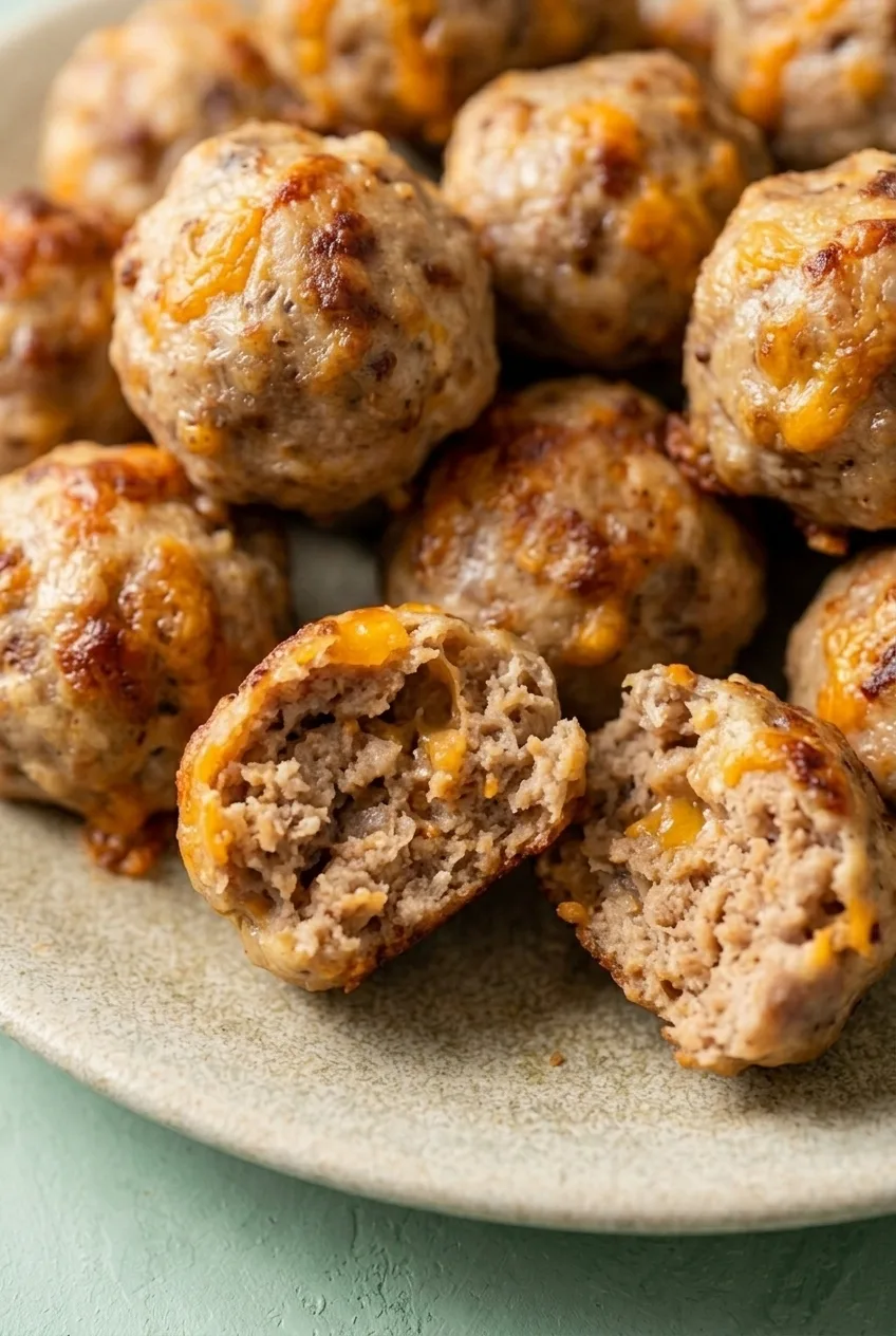 Close view of a broken-open sausage ball showing its cooked sausage and cheddar interior.