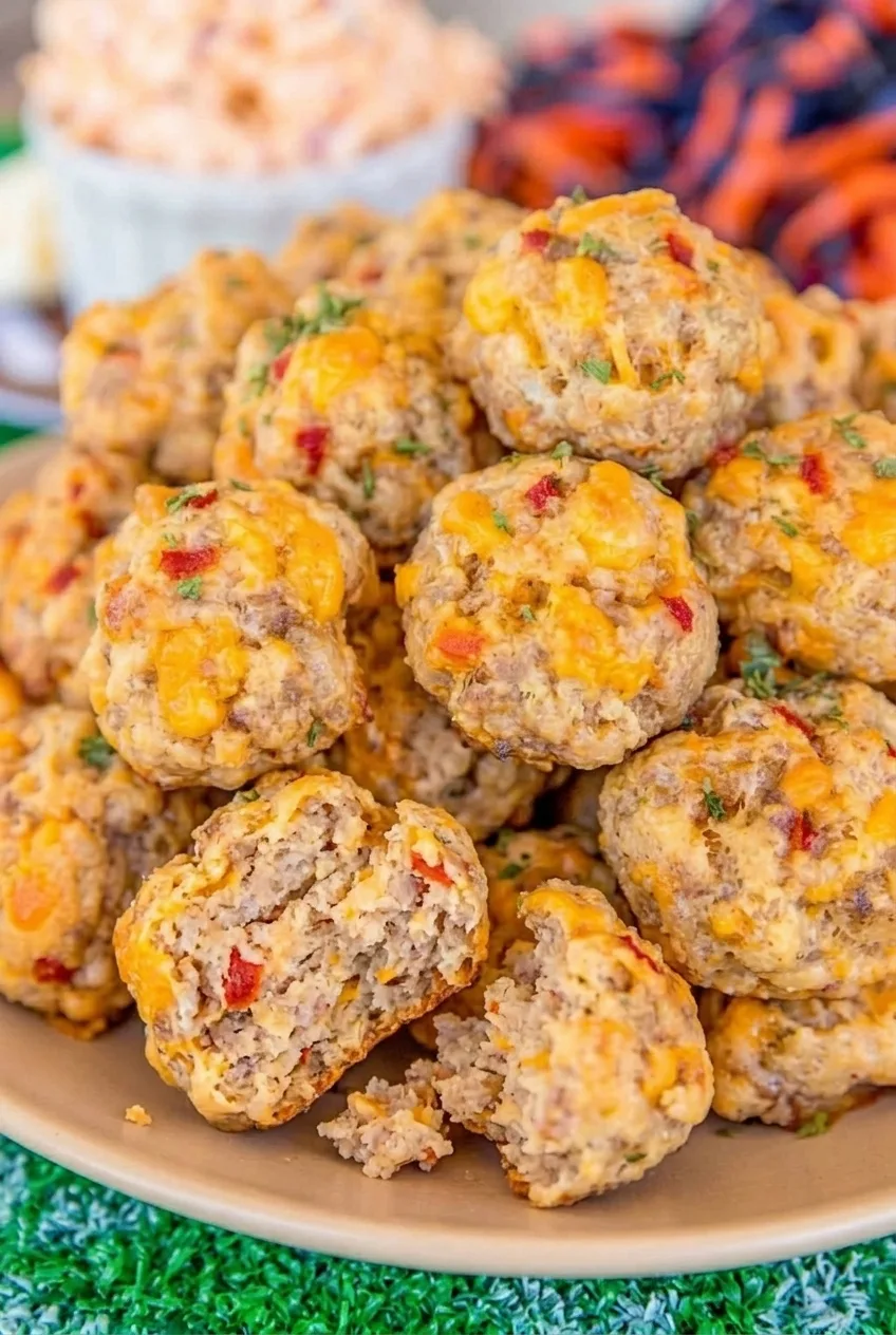 Close-up of a broken-open pimento cheese sausage ball showing its tender interior and visible pimento flecks.