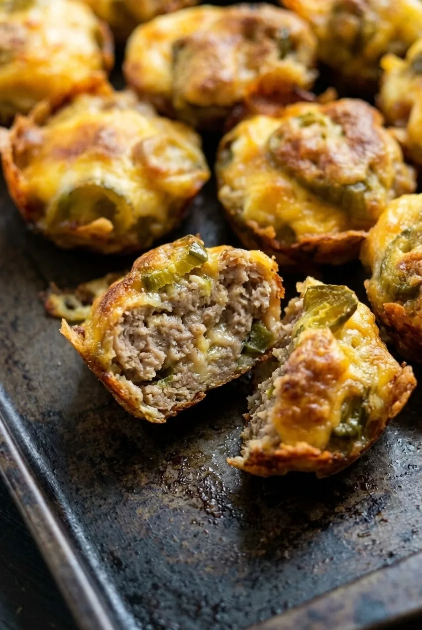 Close detail of a cut jalapeño popper sausage ball showing its cheesy, jalapeño-speckled sausage interior