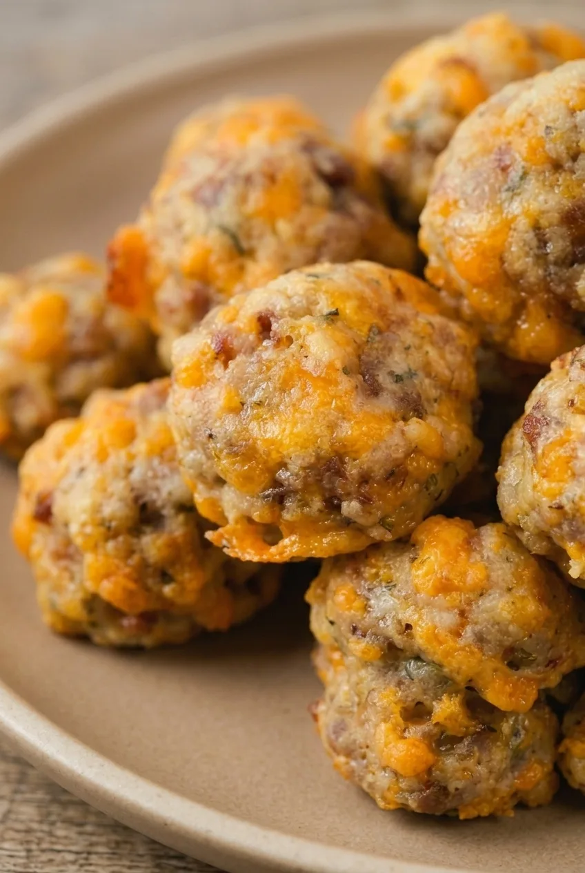 Close detail of craggy keto sausage balls with visible cheddar, sausage flecks, and herbs.