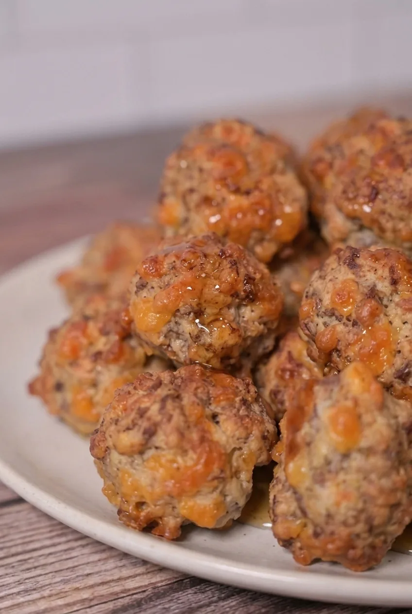 Close detail of a maple breakfast sausage ball showing its craggy browned surface, cheddar pieces, and syrup sheen.