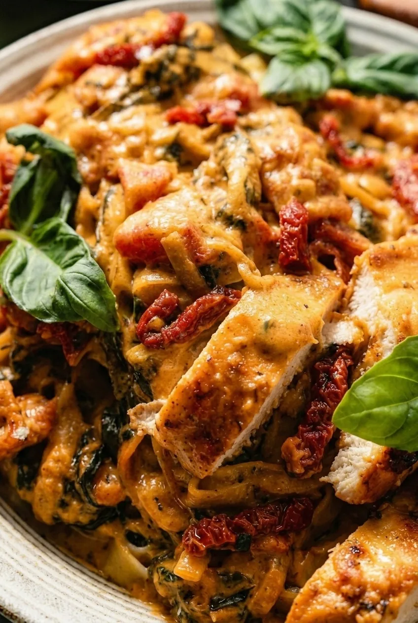 Close view of creamy Parmesan sauce coating fettuccine with browned chicken, tomato strips, and basil.