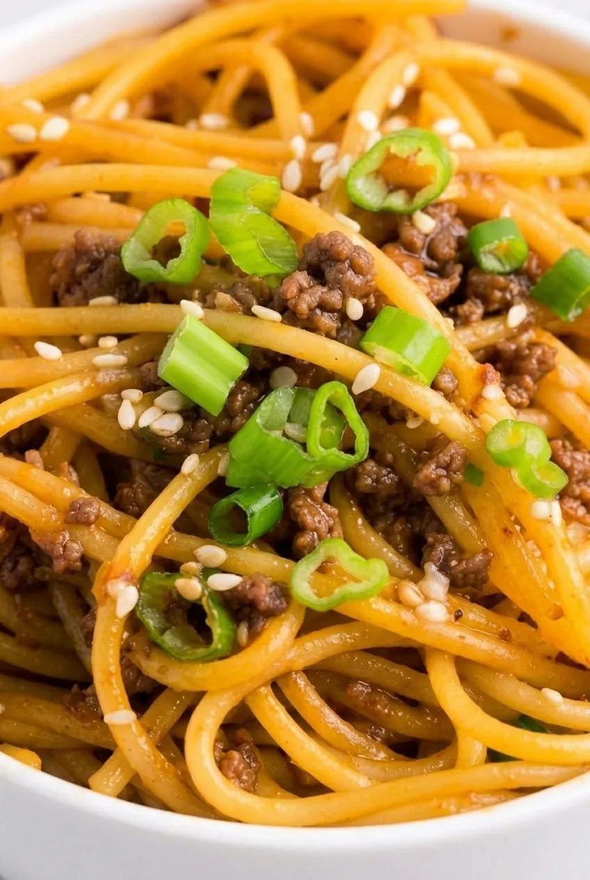 Close detail of glossy spaghetti strands, browned beef crumbles, green onions, and sesame seeds.
