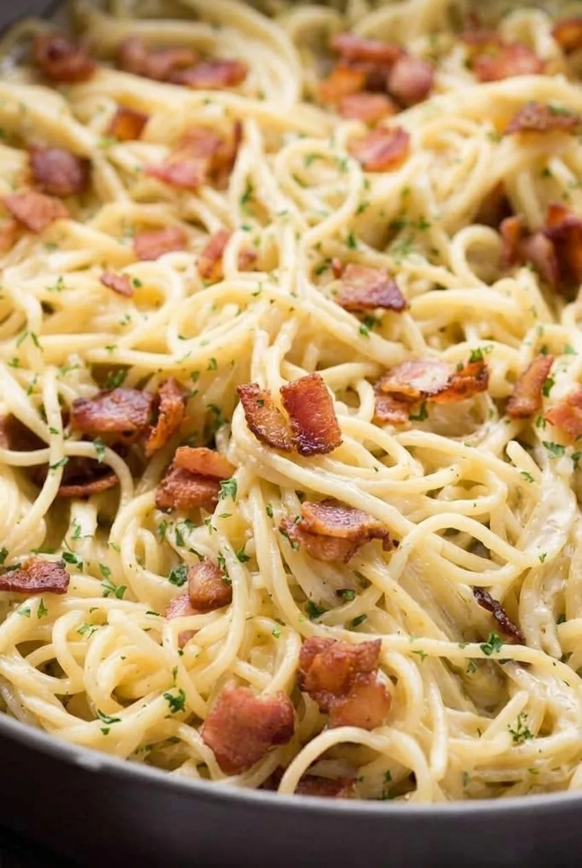 Close detail of creamy spaghetti strands coated in sauce with browned bacon pieces and fine parsley flecks.