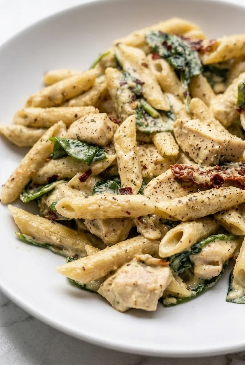 Close view of creamy pesto-coated penne with chicken, wilted spinach, sun-dried tomatoes, and Parmesan.