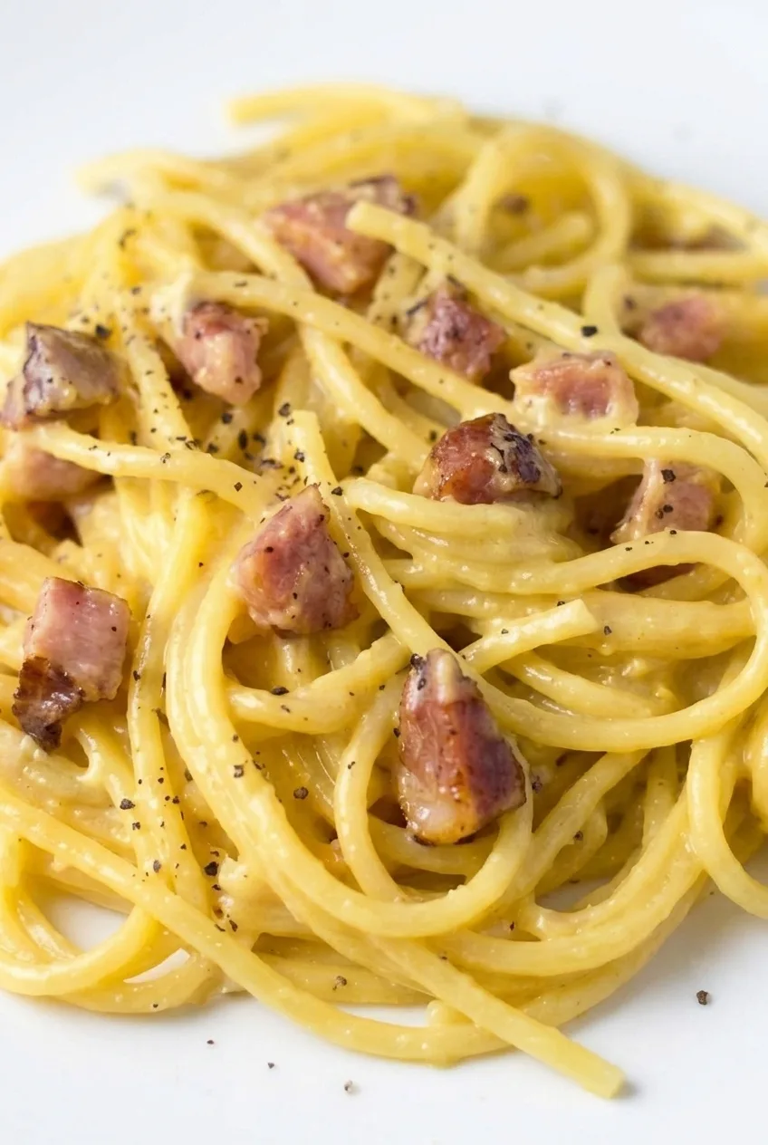 Close detail of spaghetti carbonara showing its glossy egg-and-cheese coating, pancetta, and black pepper