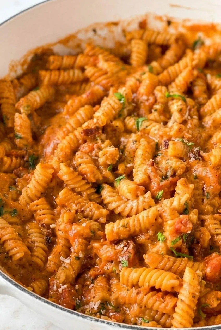 Close-up of creamy tomato sauce clinging to fusilli ridges with visible tomato pieces and herb flecks