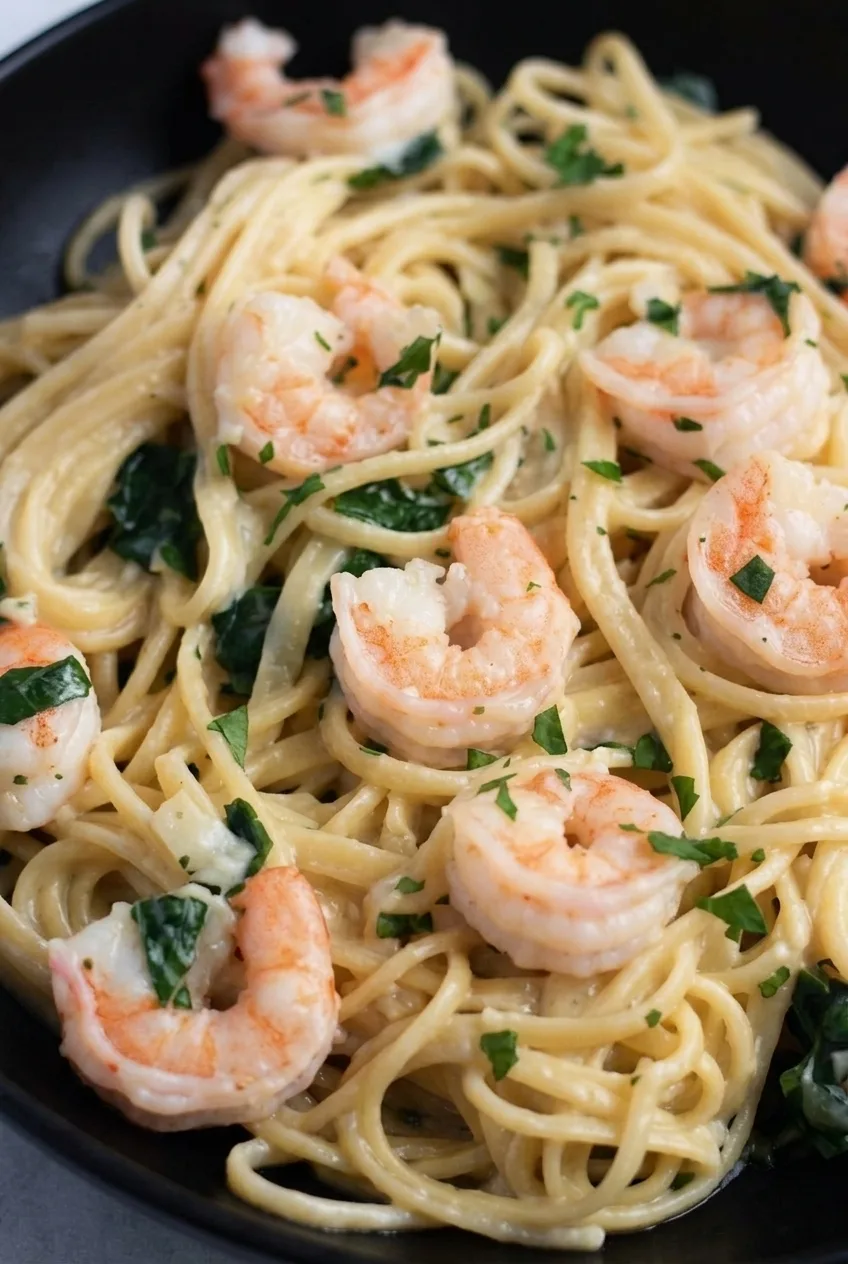 Close view of creamy linguine strands, whole shrimp, and parsley in garlic-Parmesan sauce.
