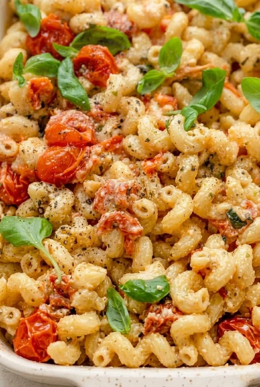 Close detail of creamy cavatappi coated in feta-tomato sauce with burst tomatoes and basil